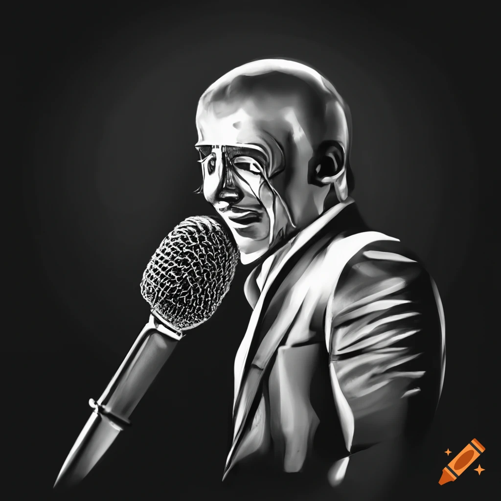 character speaking into a microphone