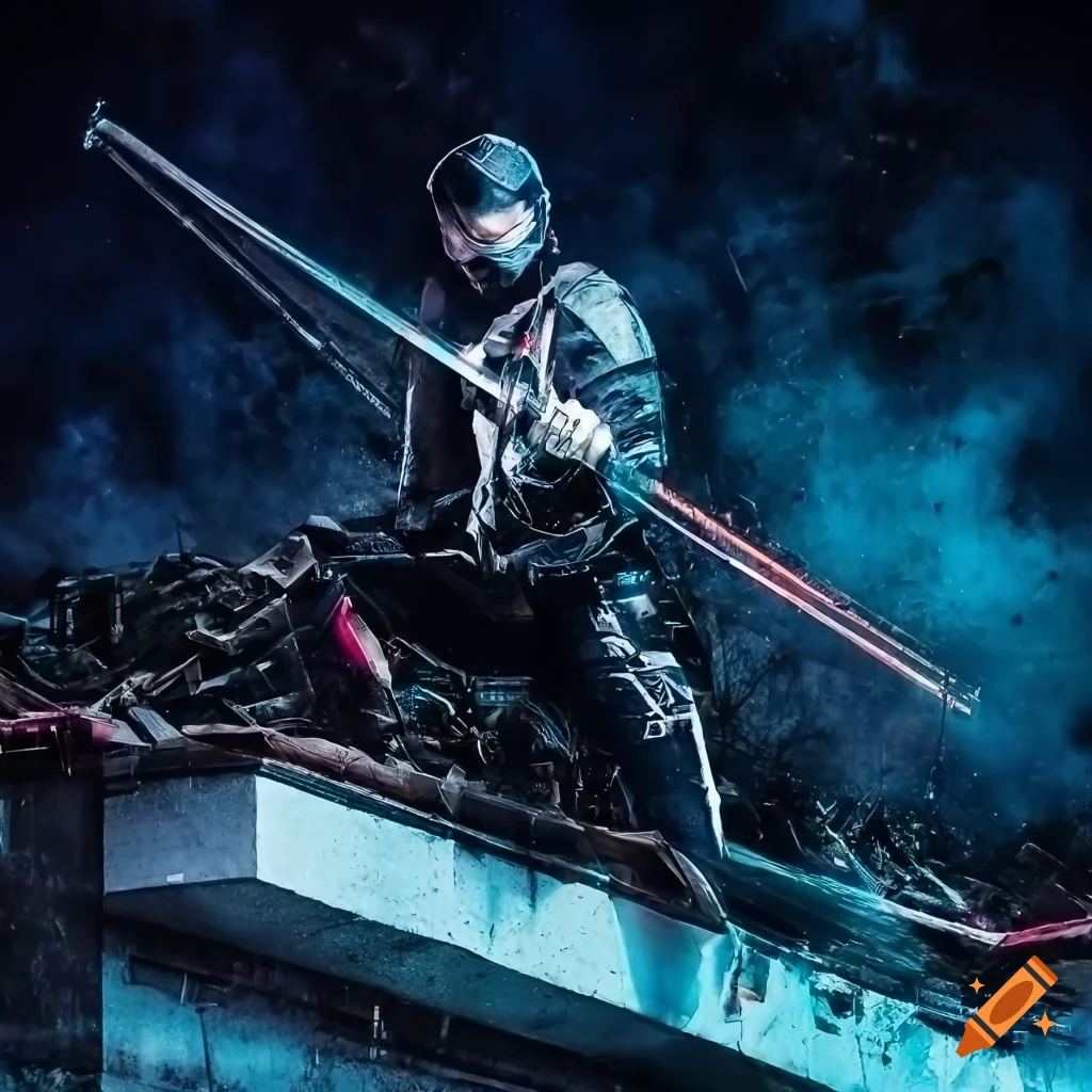 cybernetic ninja warrior fighting at night with neon lights