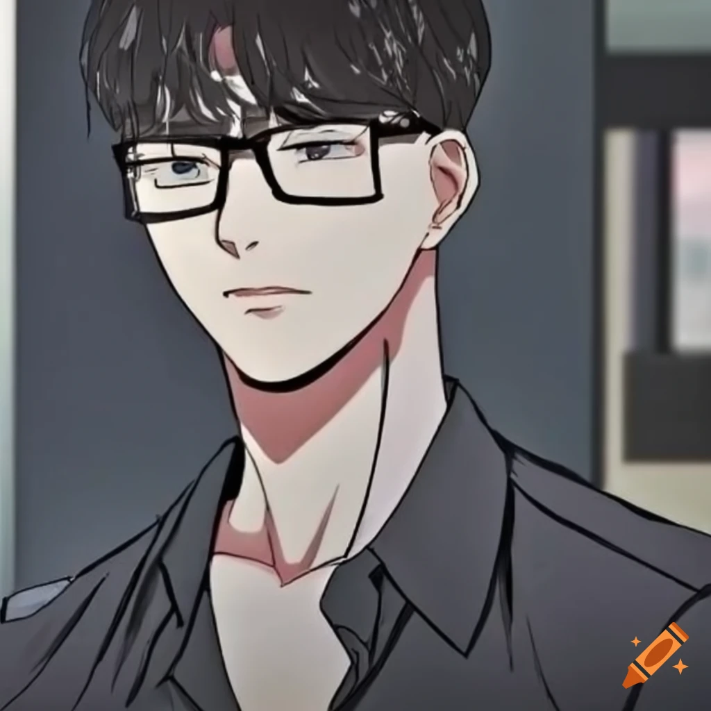 illustration of a handsome Korean student with black hair and glasses