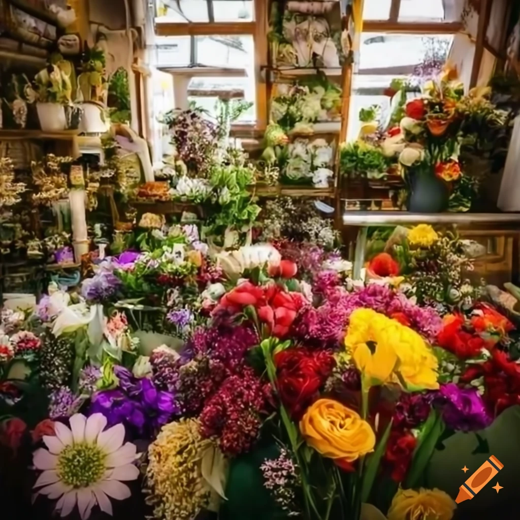 wide angle photo of a flower shop in bloom