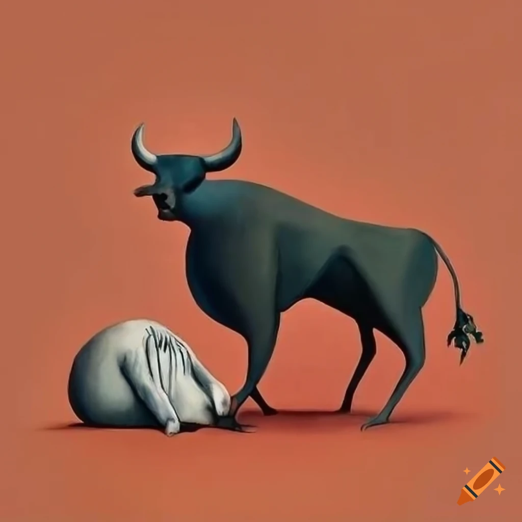 surreal artwork of a victorious bull and a dead bear