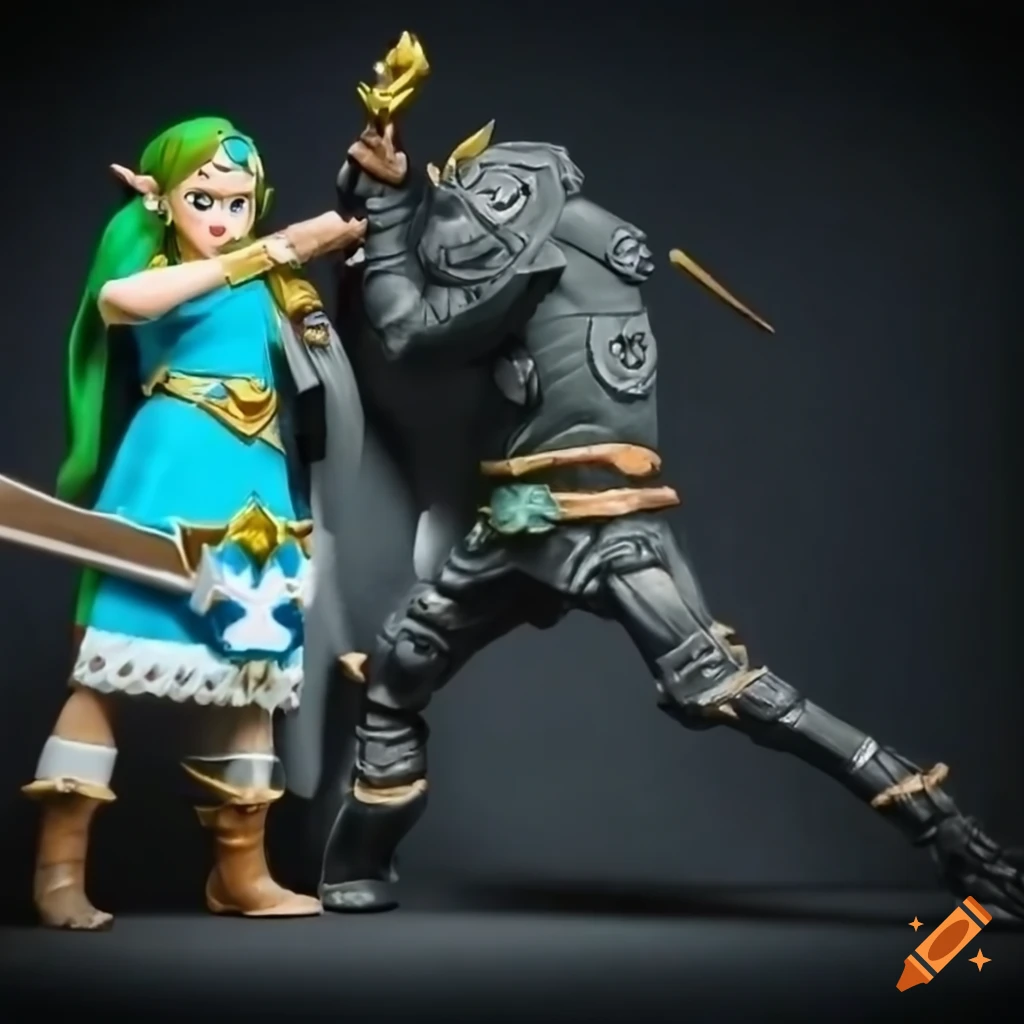 Zelda and Minecraft character engaged in battle