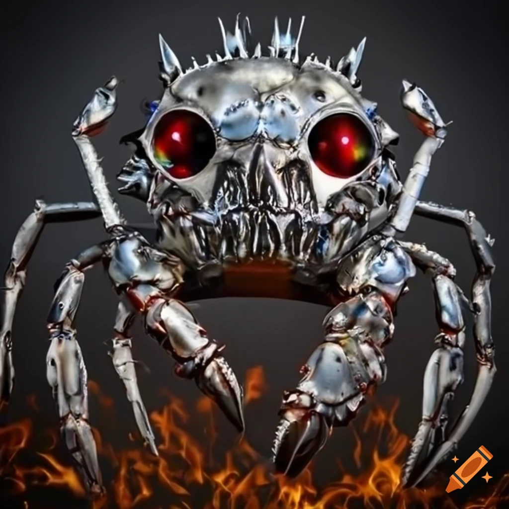crab with chrome plating in a fiery city