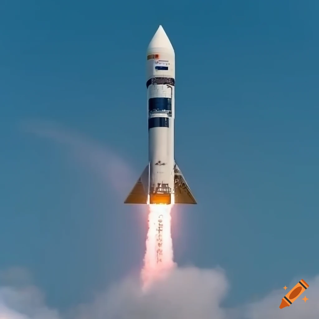photorealistic image of a rocket launching into the blue sky