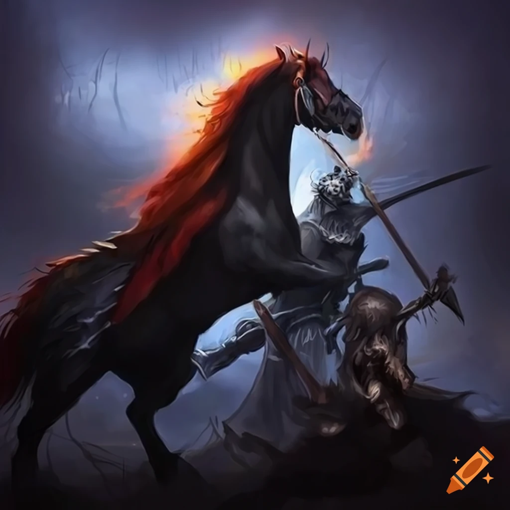 illustration of a king battling a black warhorse