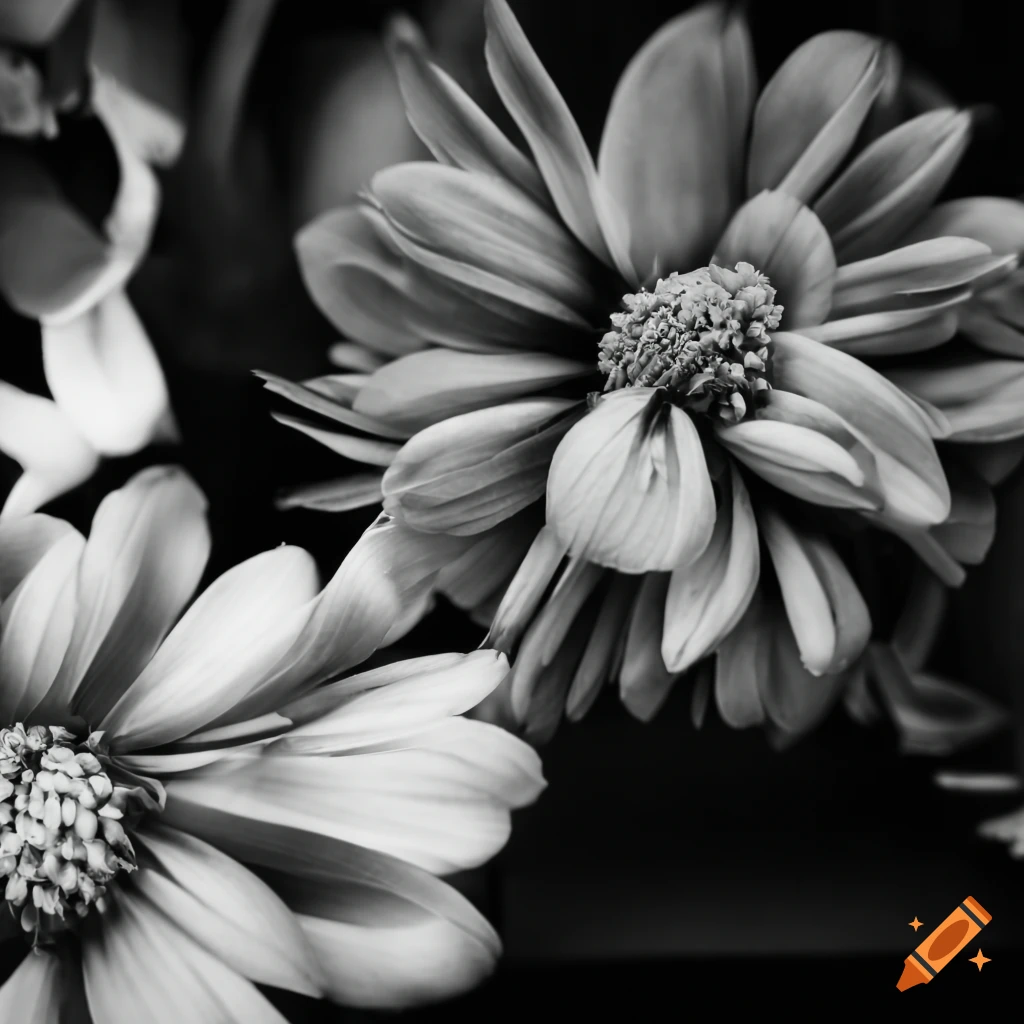 black and white photo of flowers in bloom at a flower shop