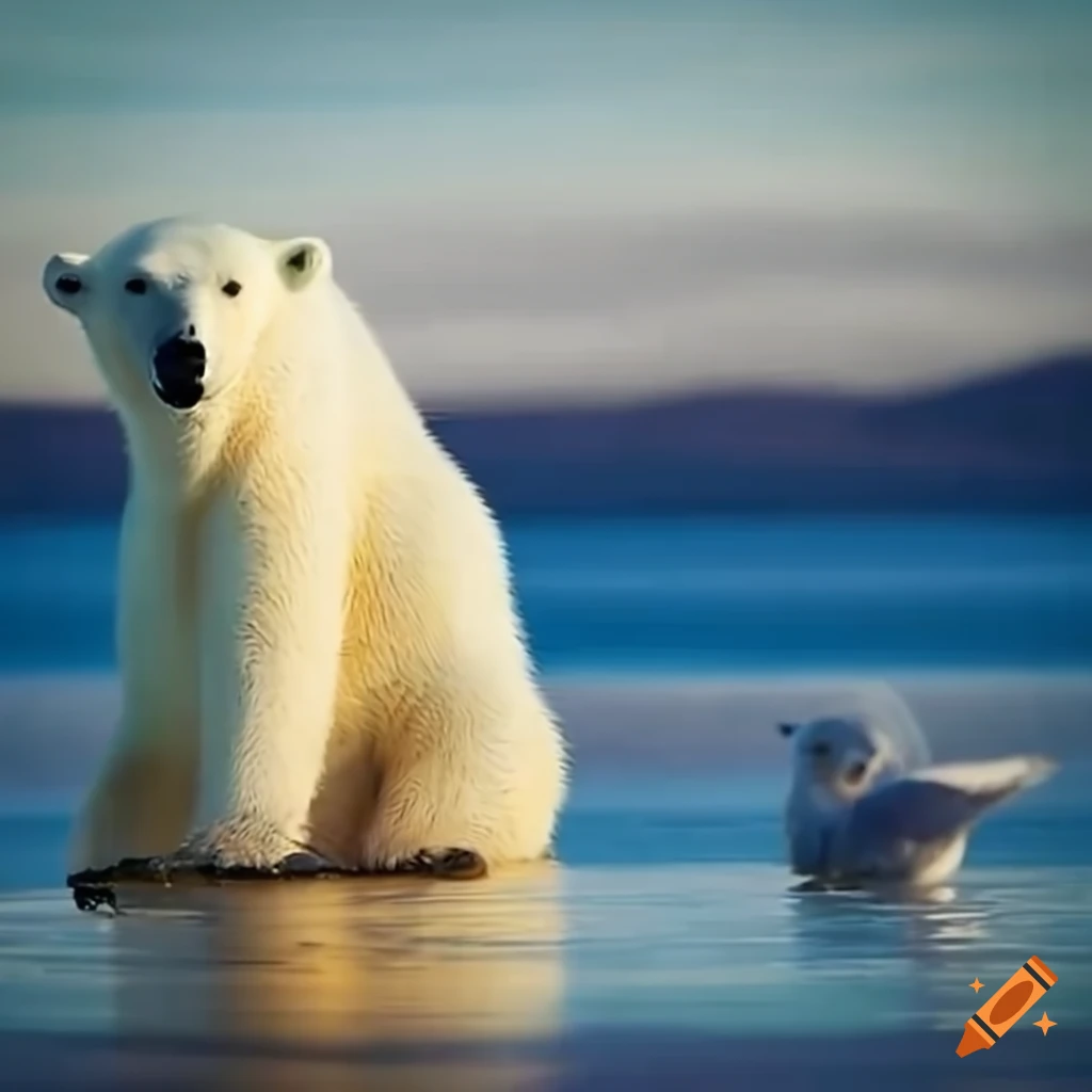 polar bear and seagull together on an island