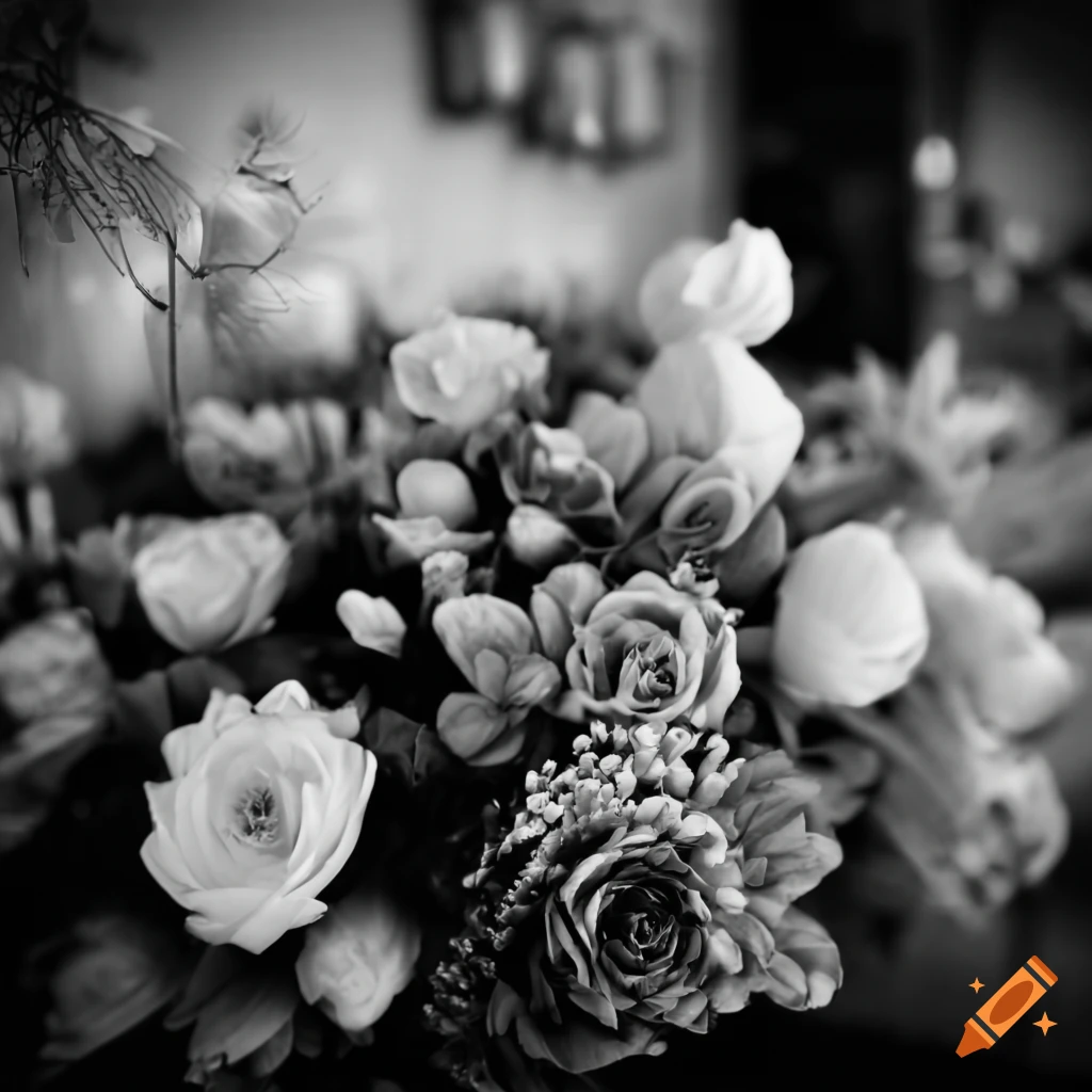 close-up black and white photo of flowers in a 1920s flower shop