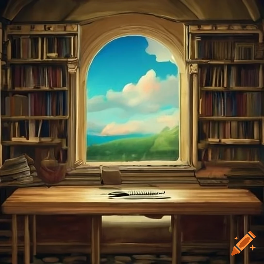fantasy study room with book shelves and a view of a landscape