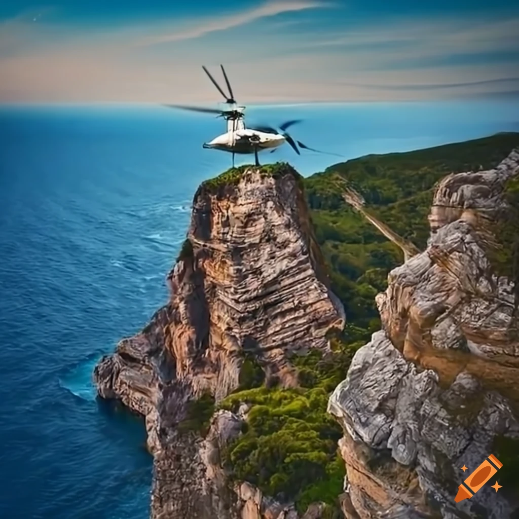 helicopter landing on a cliff near the sea