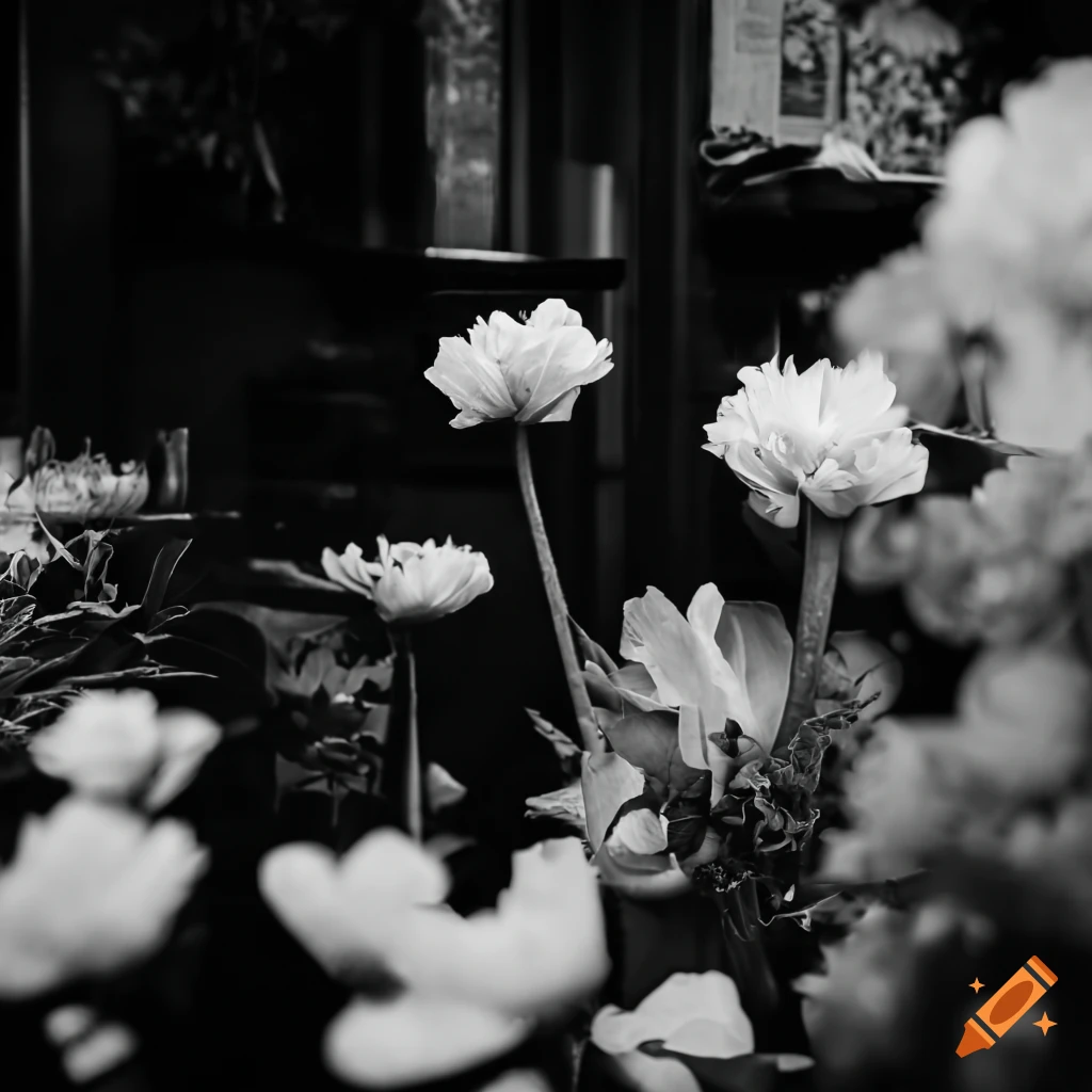 black and white photo of flowers in a 1920s flower shop