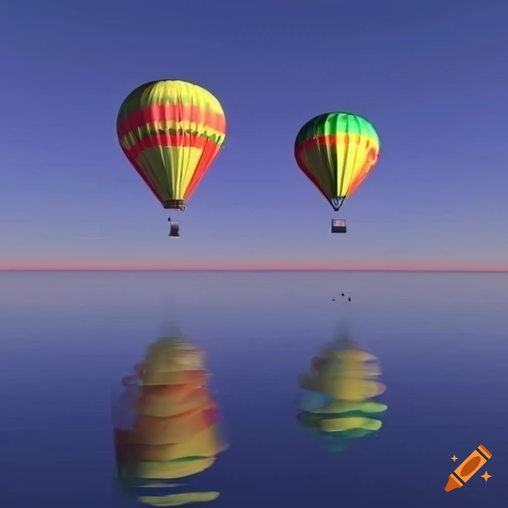 colorful hot air balloon floating above a lake