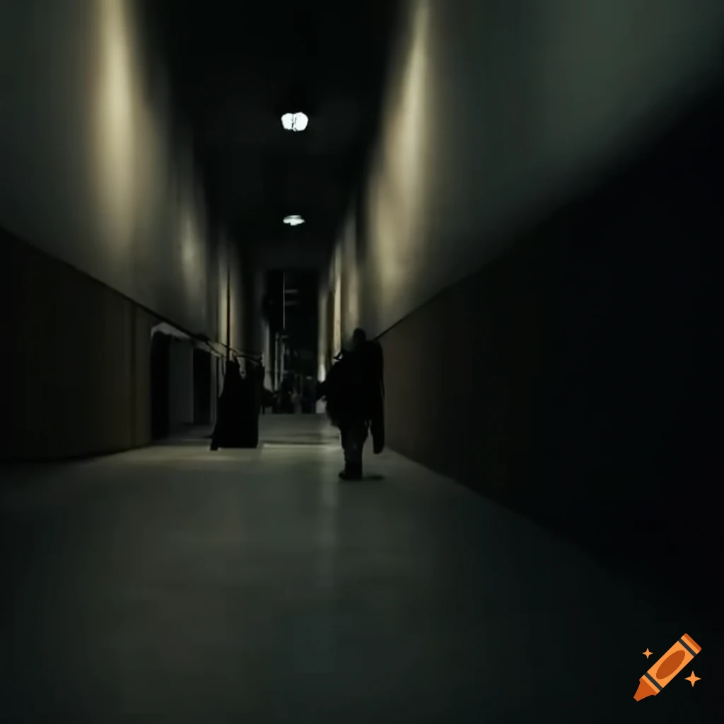 surreal artwork of a person walking down a long hallway