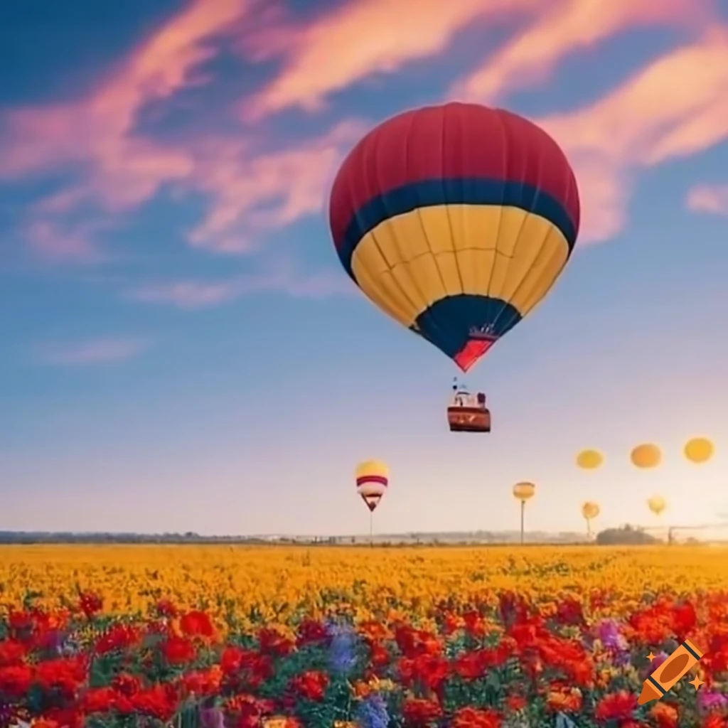 hot air balloon flying over a colorful flower field