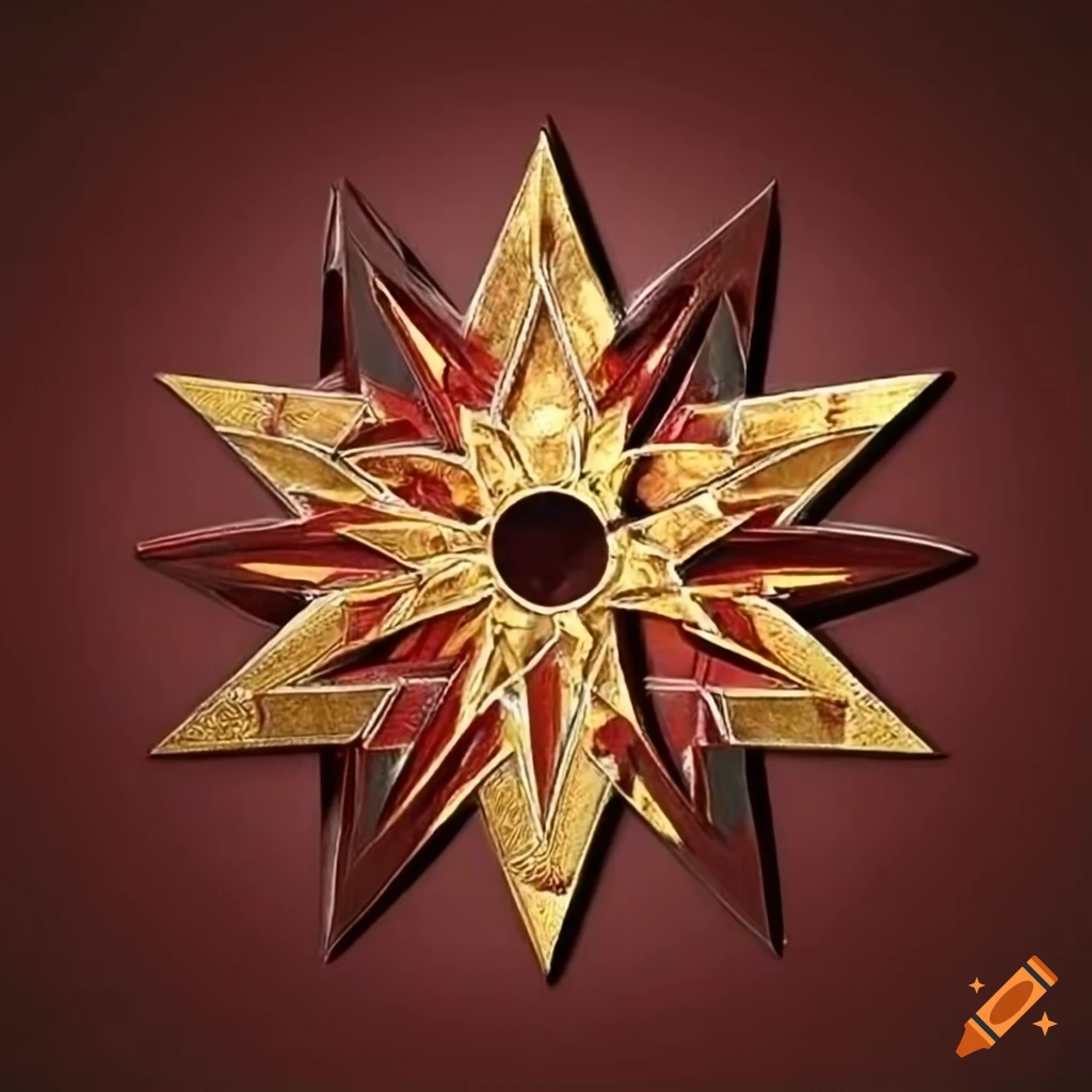 dark red wooden art piece with gold patterns