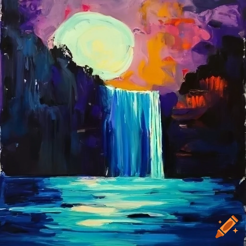fauvist painting of a nighttime waterfall