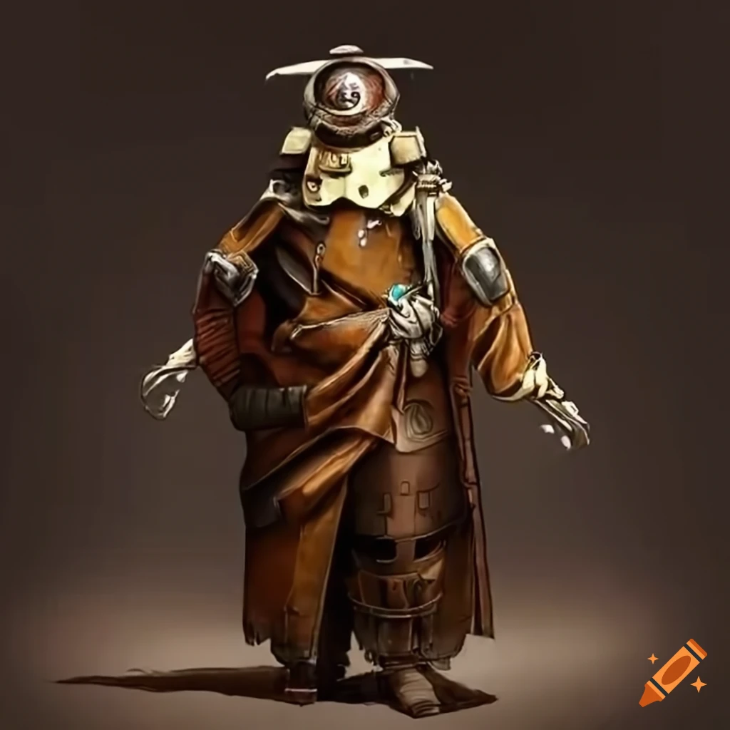 dieselpunk automaton wearing a fancy cowl and overall