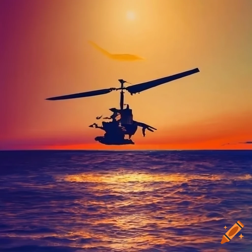 impressionist style painting of a helicopter at sunset over the ocean