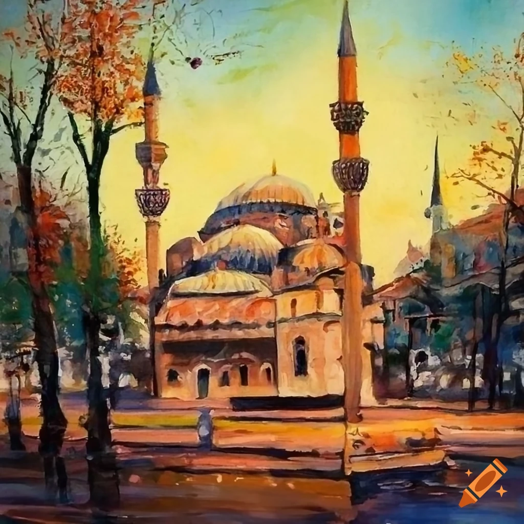 traditional painting of a Turkish mosque in Eskisehir
