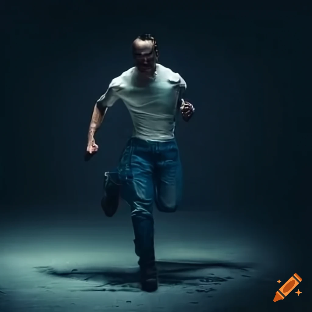 man in white t-shirt and jeans running towards a car at night