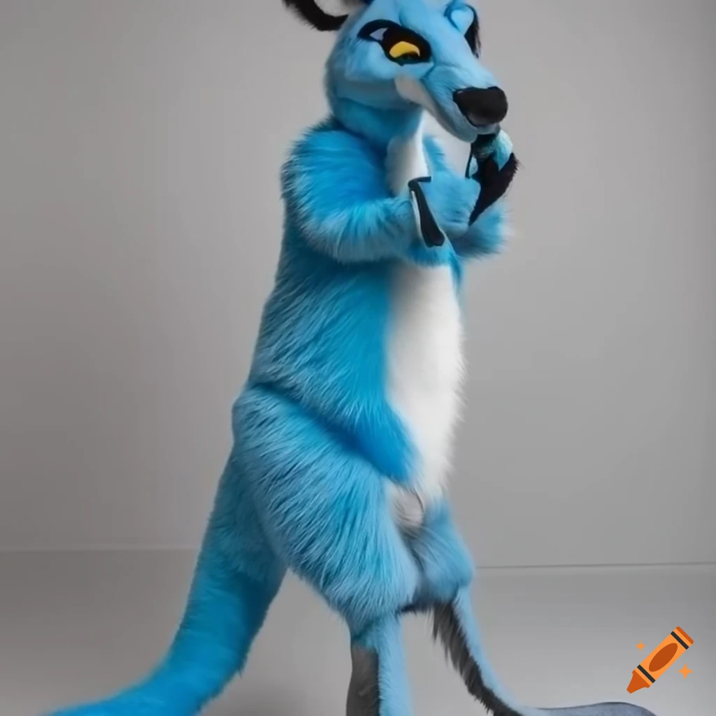 blue kangaroo fursuit with contrasting light blue underside