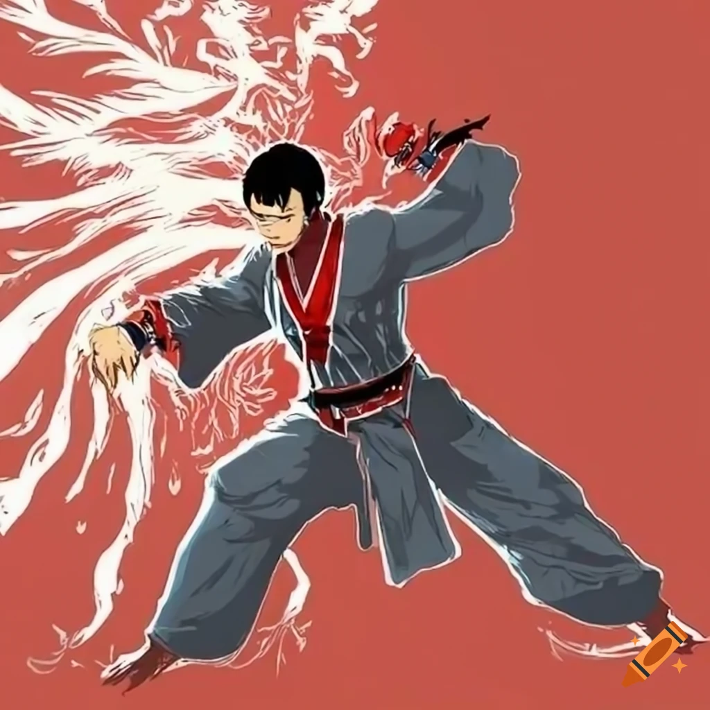 artwork of a victorious kung-fu fighter in a tower