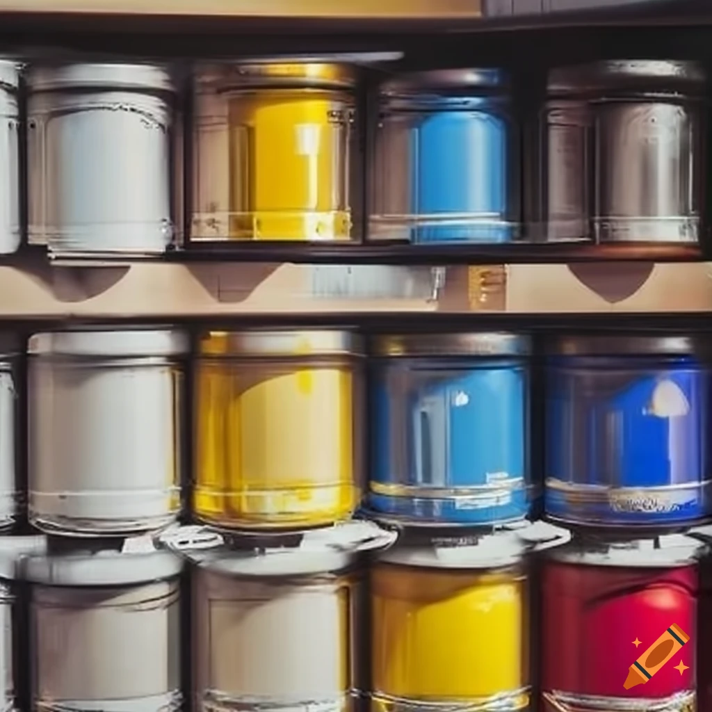various types of industrial paint on a store shelf