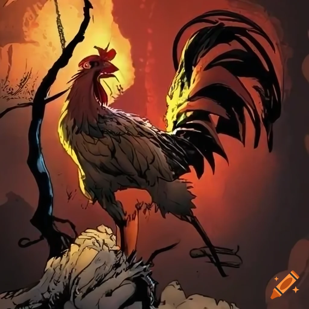 comic book style illustration of a fierce rooster
