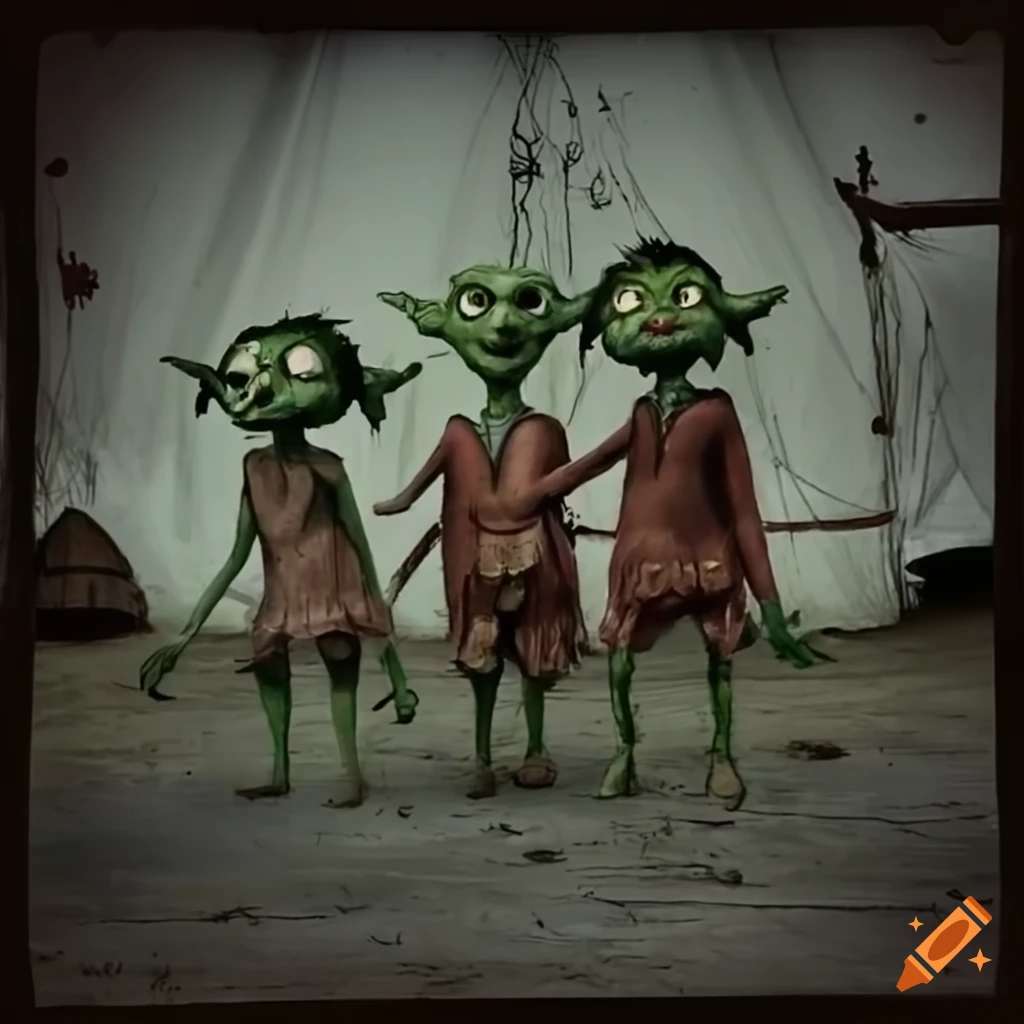 eerie image of three goblins at a circus tent