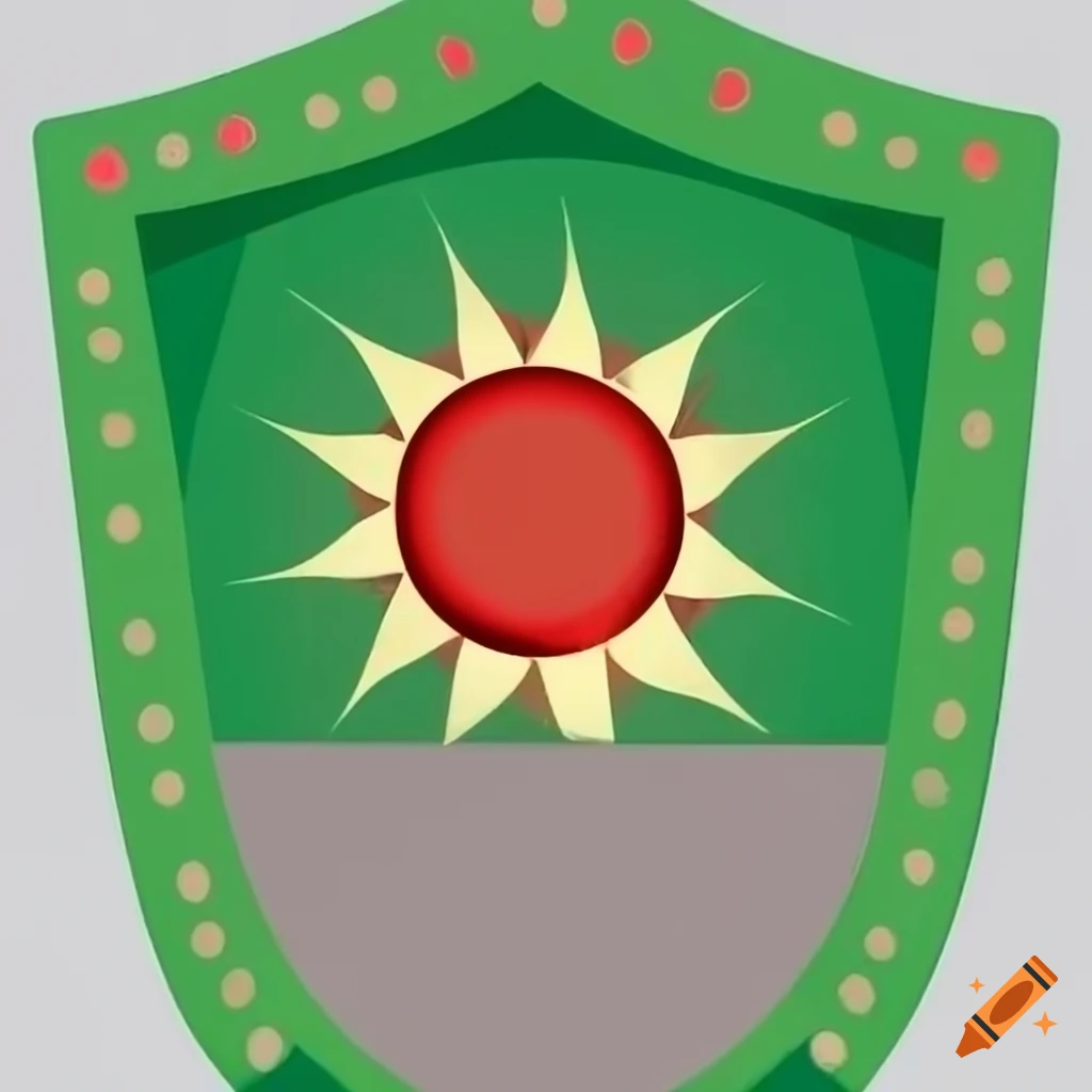 green tower shield with red sun design