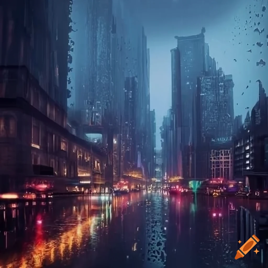 futuristic city in the rain
