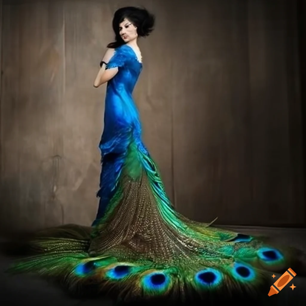 woman wearing a peacock feather dress with a train