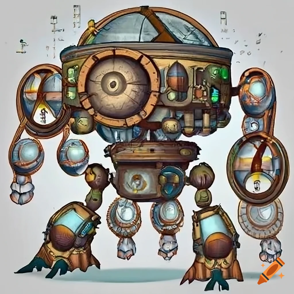 Steampunk robotic creatures and scientist in a fantasy world on Craiyon