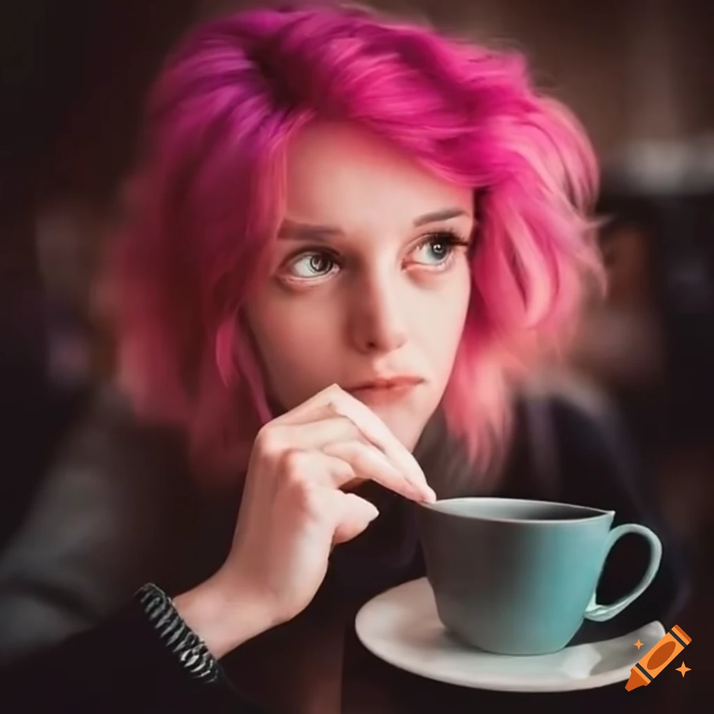 woman with pink hair studying at a coffee shop