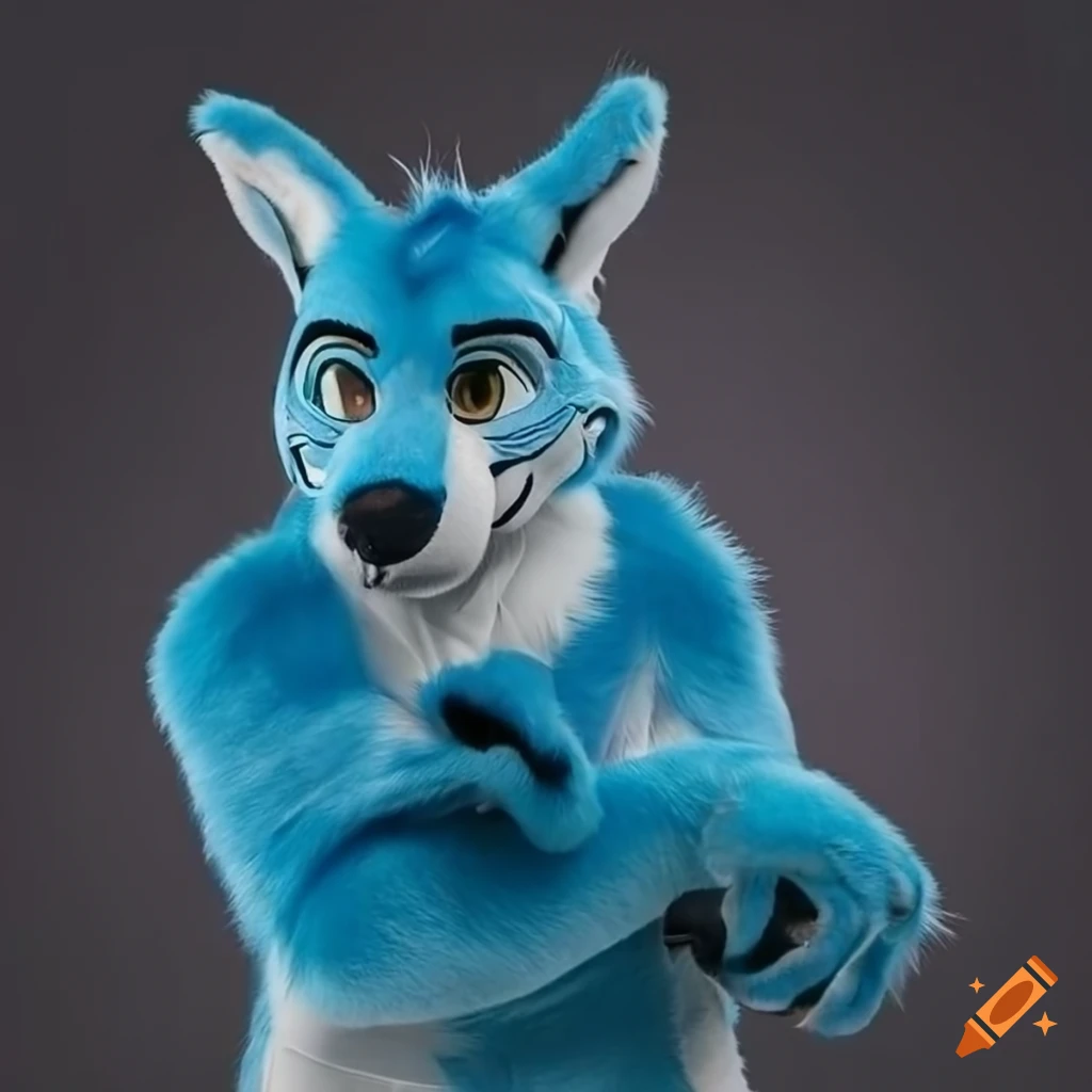 blue kangaroo fursuit with contrasting light blue underside