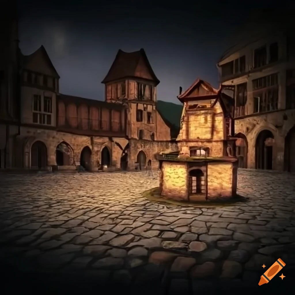 medieval town square with a stage and a well