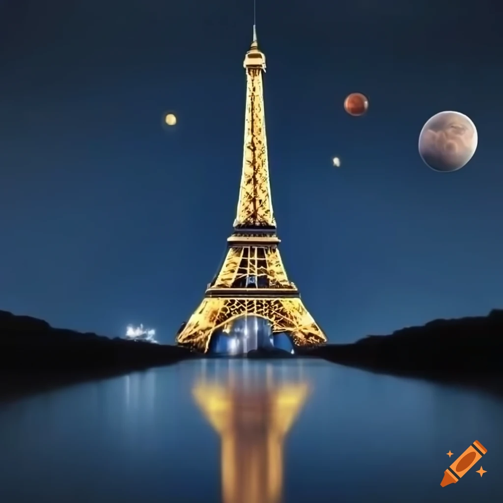 Eiffel Tower at night under a sky with Saturn-like planets