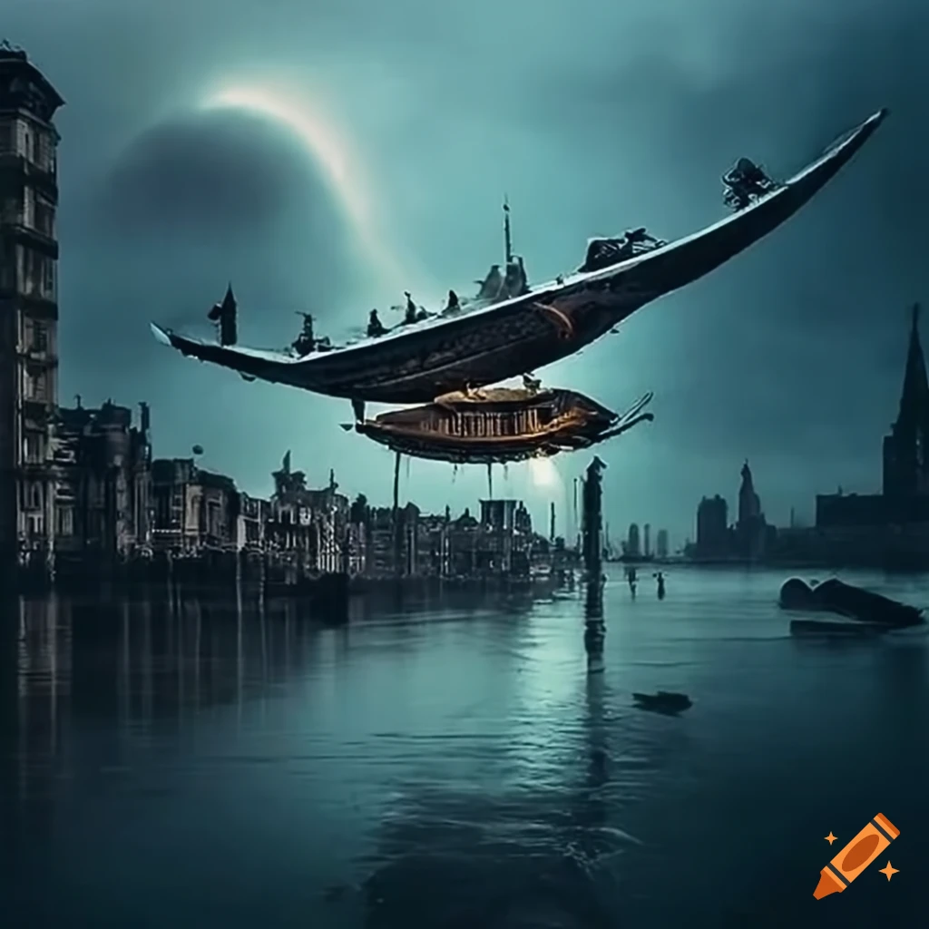 futuristic flying ships saving people during a city flood