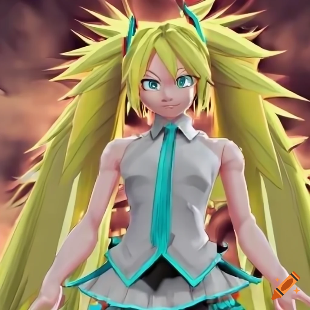 powerful SSJ Hatsune Miku with yellow spiky ponytails