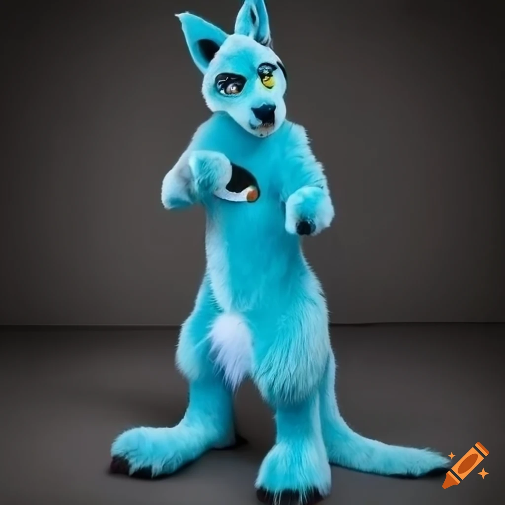 blue kangaroo fursuit with contrasting light blue underside
