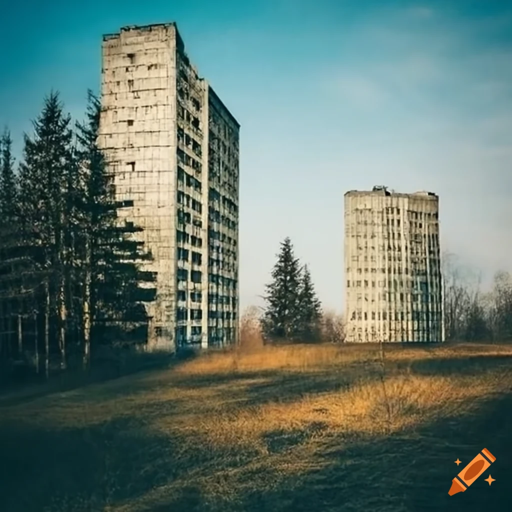 landscape with brutalist Soviet-style buildings
