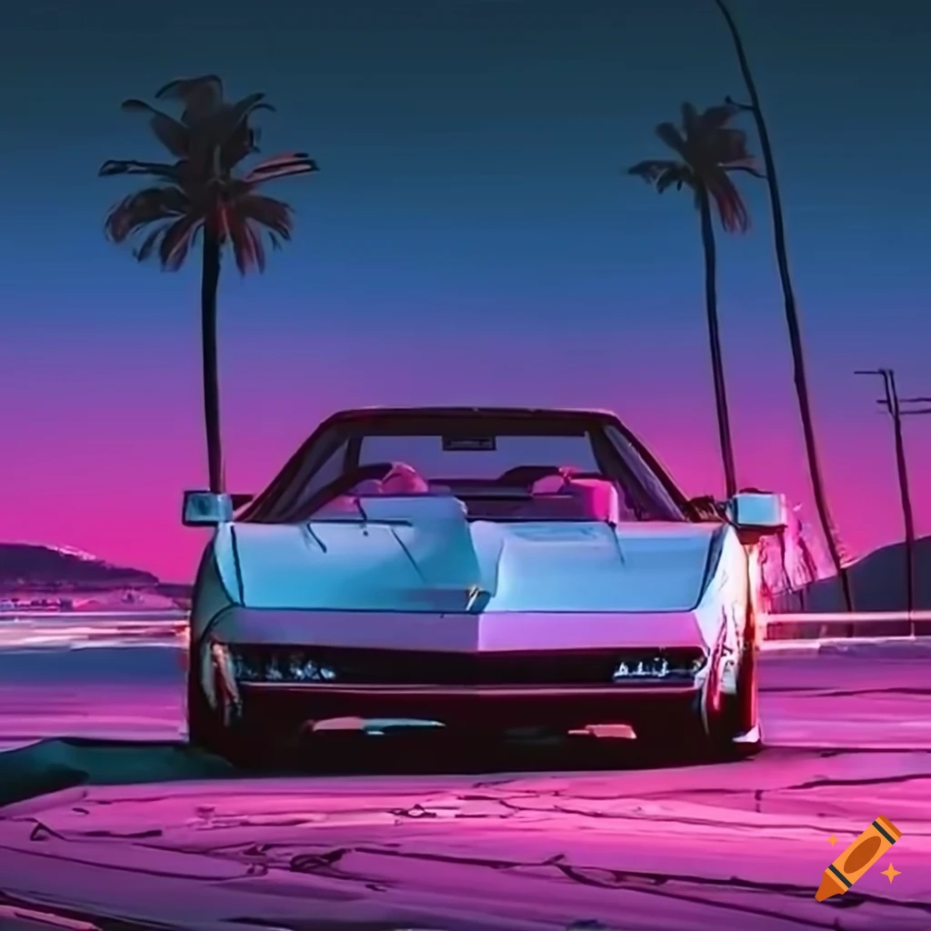 retrowave style C4 Corvette on an ocean highway