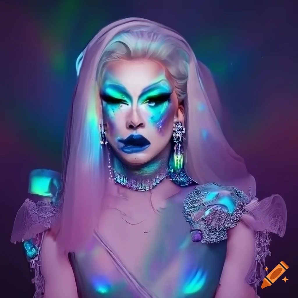 hyperrealistic makeup of a drag queen with holographic dress and aurora background