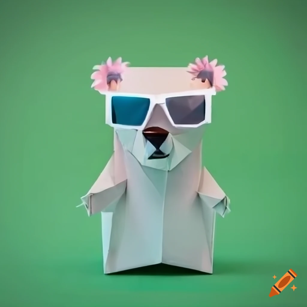 origami polar bear wearing sunglasses on green backdrop