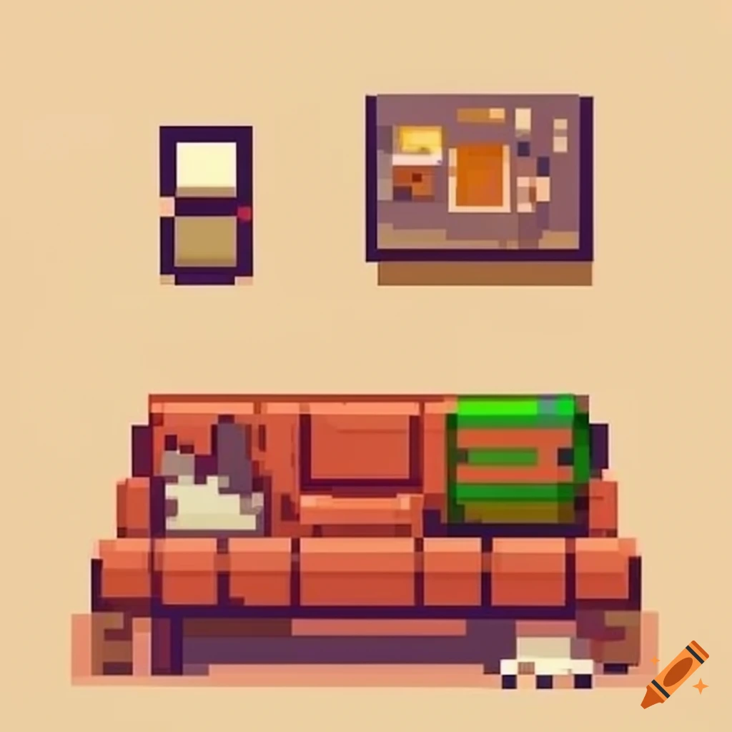 pixel art depiction of a cozy living room