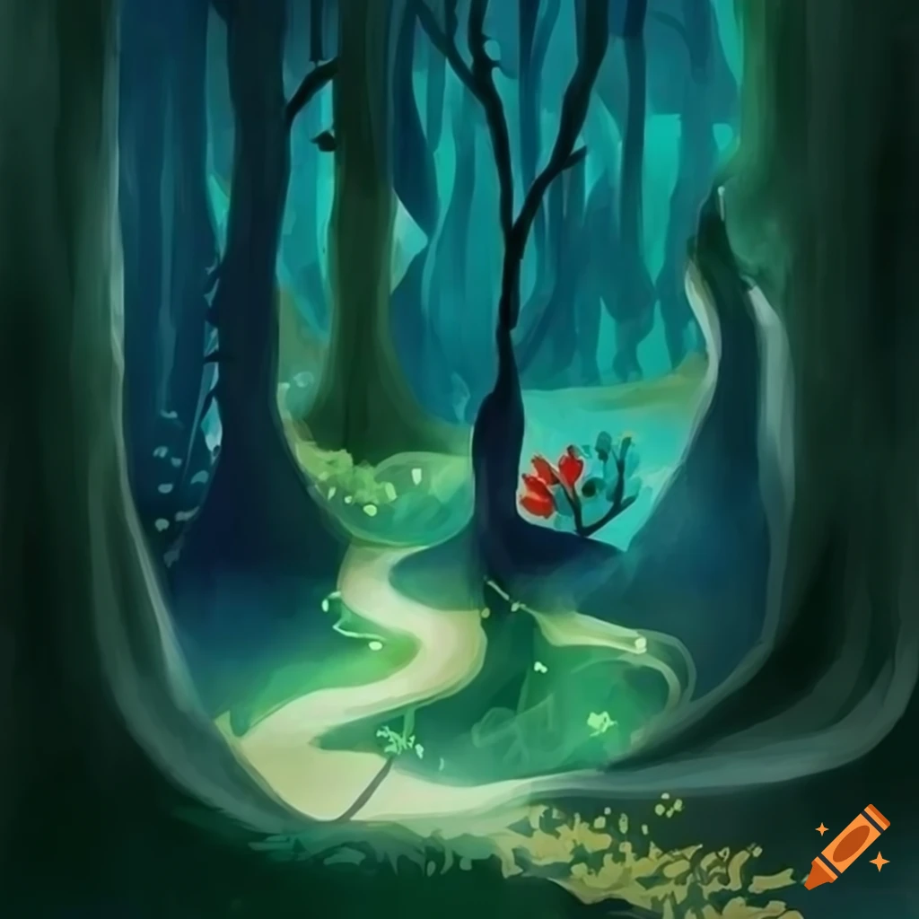 illustration of a whimsical forest with Ghibli-inspired art