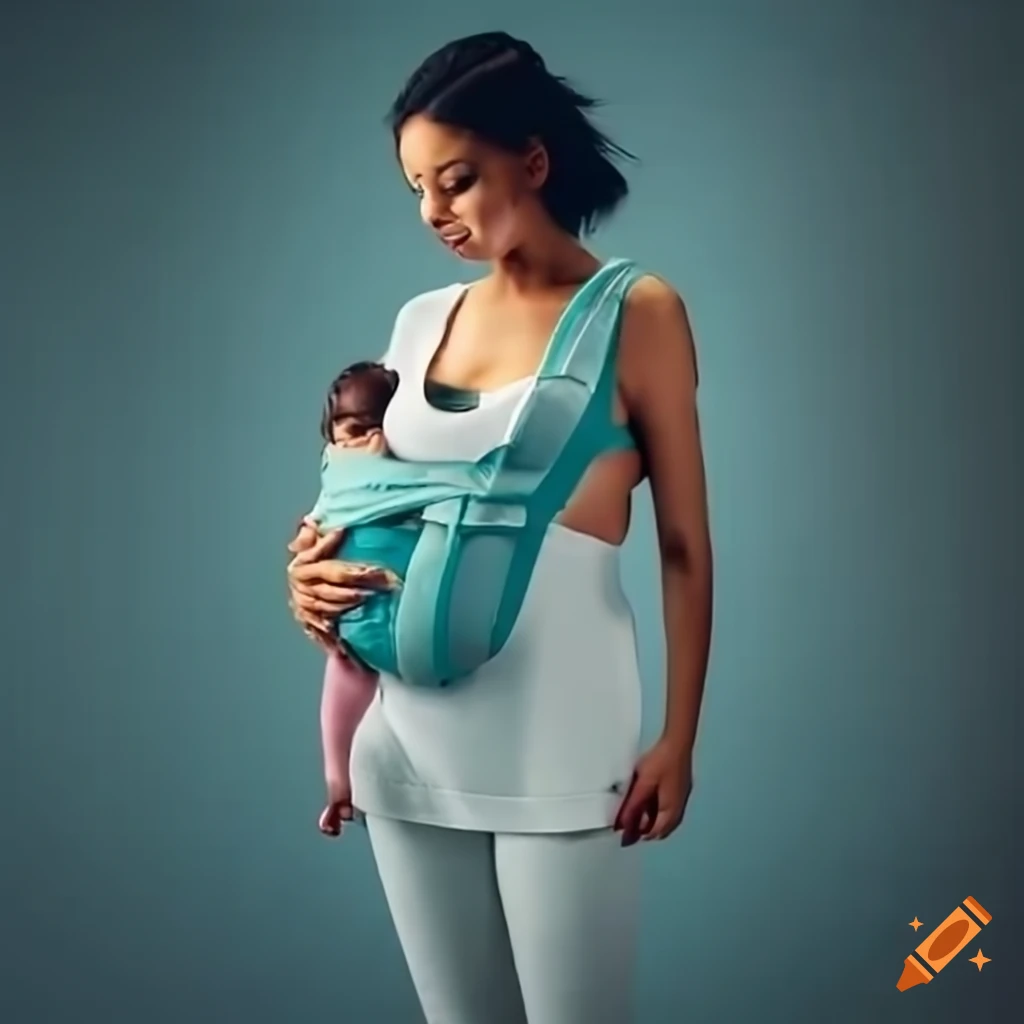 full body of a nurse with baby carrier in hospital