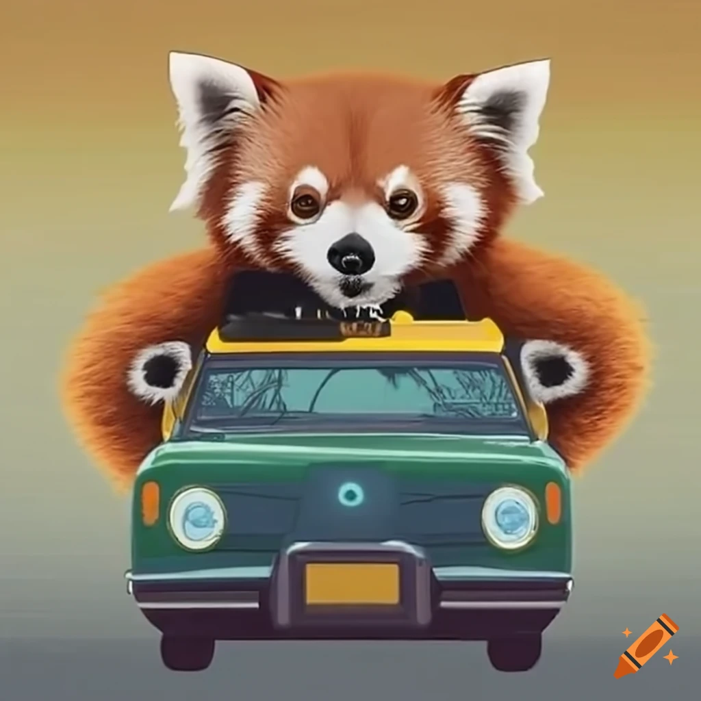red panda driving a taxi