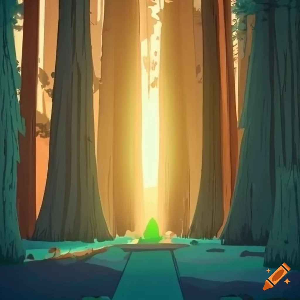 volumetric lighting in a redwood forest inspired by Steven Universe