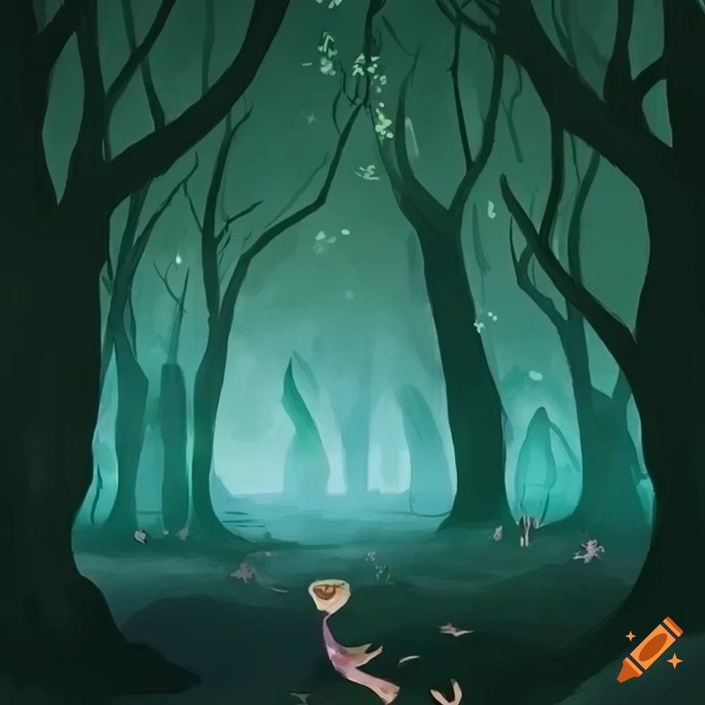 illustration of a whimsical forest with Ghibli-inspired art